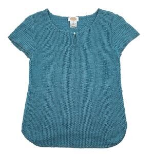 Vintage Talbots Crochet Knit Sweater Cotton Silk Blend Teal Blue Turquoise Sz M